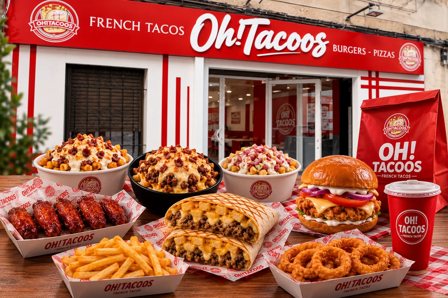 Fachada de Oh! Tacoos en Alaquàs con hamburguesas, patatas gratinadas, alitas y aros de cebolla